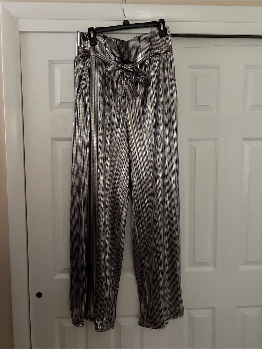 New York & Company Metallic Pleated Wide-Leg Pants in Silver